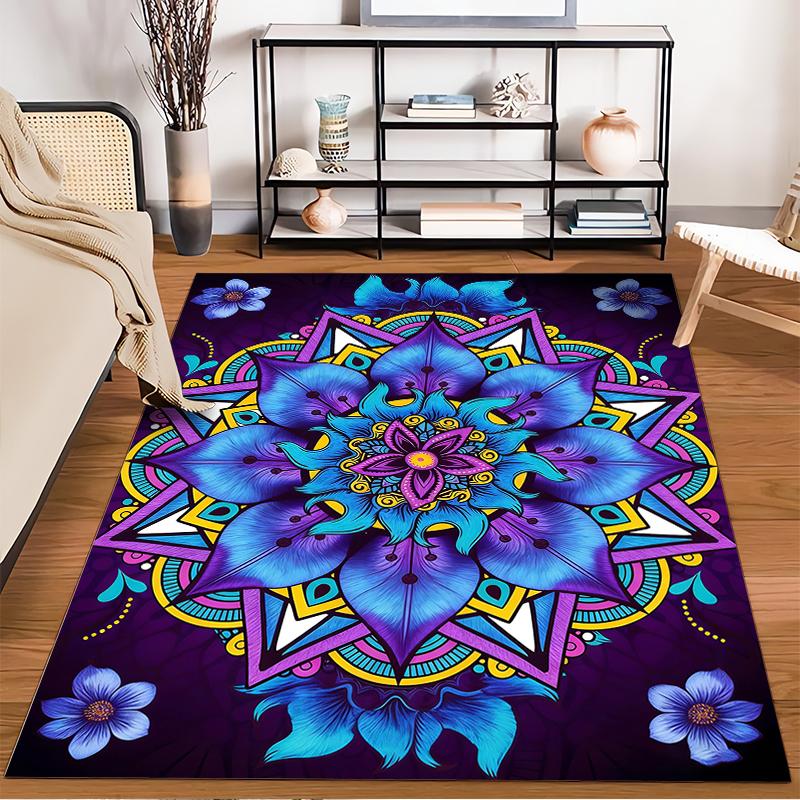 Mandala Carpet with Colorful Floral Design, Blue and Purple Style Suitable for use as an anti-slip for living room bedroom sofas