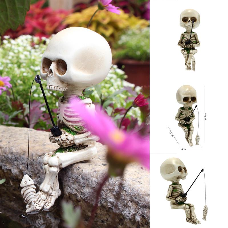 Забавные маленькие статуи из смолы для рыбалки в виде скелета, украшения для украшения дома и сада