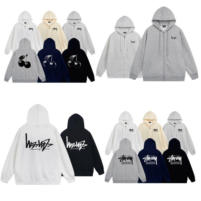 Stussy-Style Zip-Up Hooded Sweatshirt Men Oversized Cotton Long Sleeve Casual Graphic Pullover Jacket