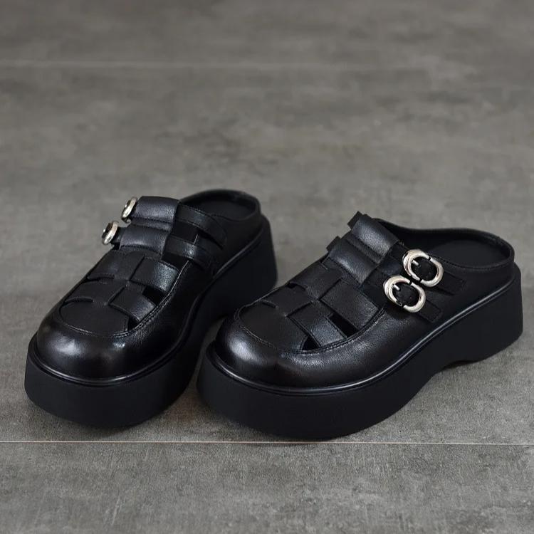 Johnature Женские уличные тапочки с круглым носком и полыми отверстиями, легкие сандалии из натуральной кожи на толстой подошве