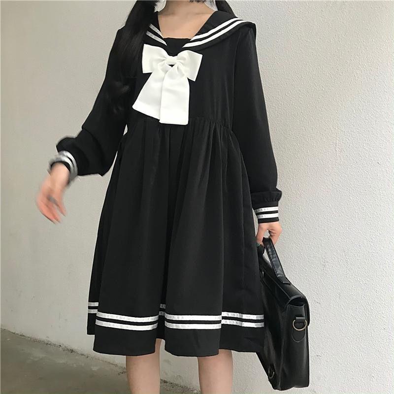 Женские платья в стиле Лолиты, темно-синее платье Sailor JK, женский халат с матросским воротником и пышными рукавами