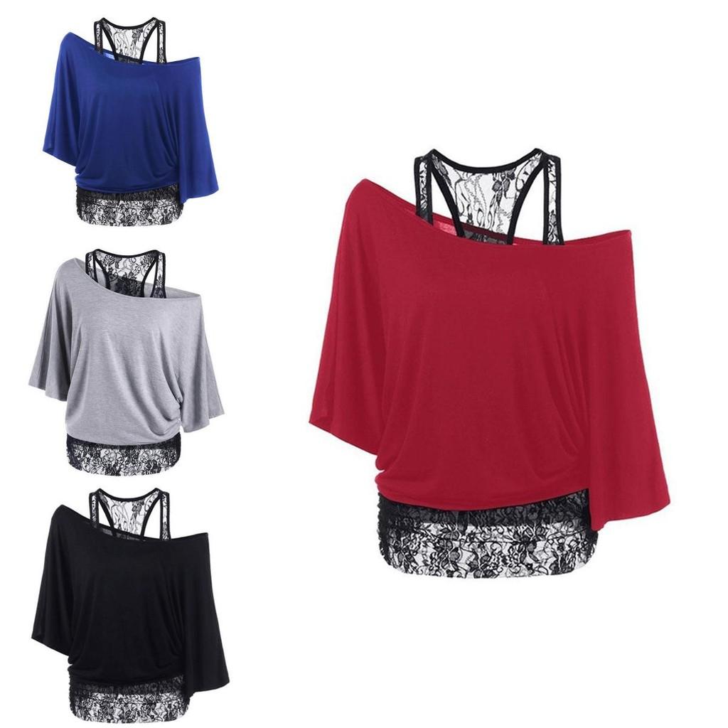 Size Women Plus Loose Vest Lace Stitching Oblique Collar Bat Tshirt Fashion