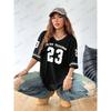 Summer Black Enjoy Freedom 23 Print T-Shirt For Women V-Neck Short Sleeve Mesh Sports Football Jersey Y2K Oversized Tops