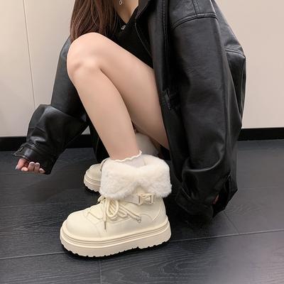 Белые короткие сноубутсы на толстой подошве для женщин, бархатные для тепла и увеличения роста, новые кожаные хлопковые туфли на осень и зиму