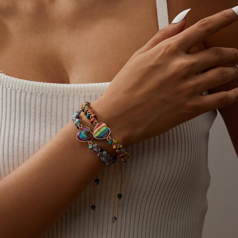 Retro Bohemian Braided Bracelets Hand Jewelry Heart Bead Bangle Beads Weave Bracelets Women