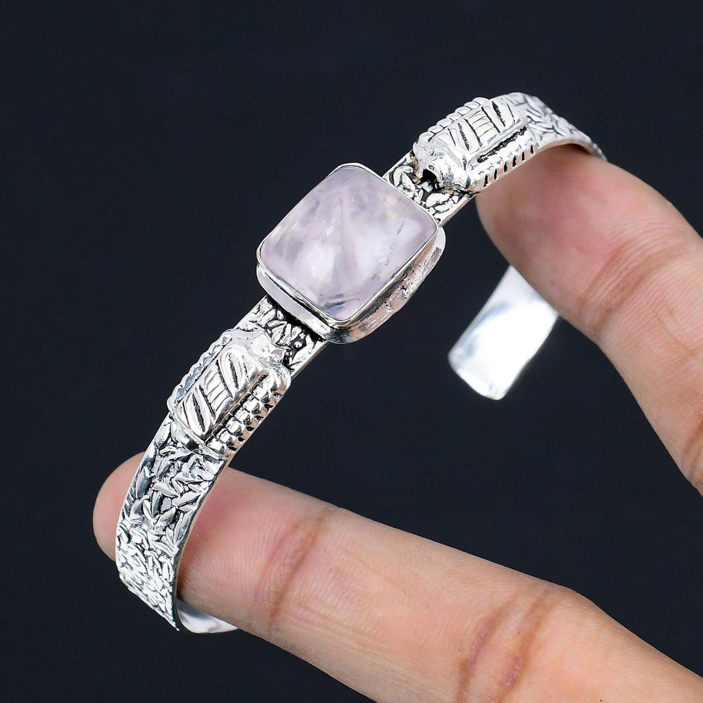 Anniversary Gift For Her Natural Rose Quartz Bangle Adjustable 925 Silver