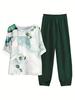 European and American women's new bamboo joint linen printed vacation beach lazy loose two-piece set