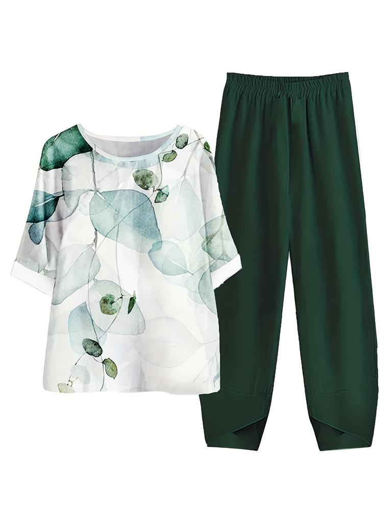 European and American women's new bamboo joint linen printed vacation beach lazy loose two-piece set