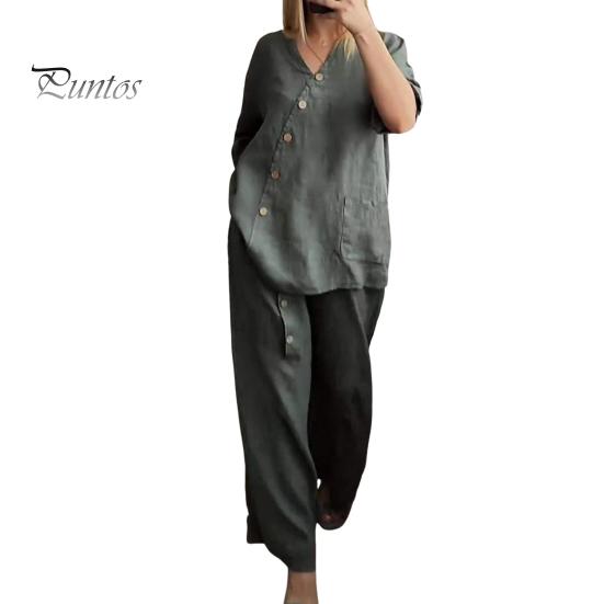 2 Pcs/Set Blouse Pants Set V Neck Button Decor Three Quarter Sleeves Top Wide Leg Loose Elastic Waist Trousers OL Commute Casual Homewear Outfit