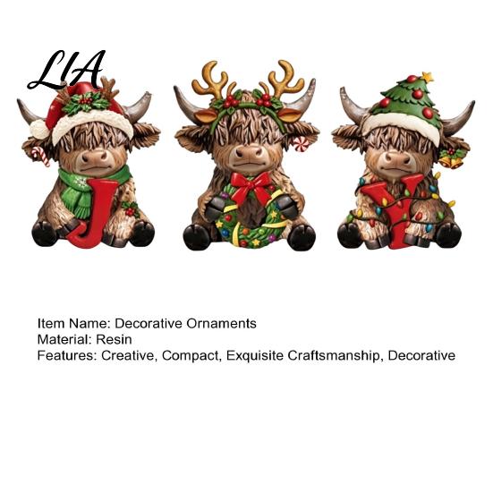 Decorative Pieces for Interior 3Pcs Christmas Highland Cow Figurine, Resin Yak Statues with JOY Letter Sign, Handcrafted Figures Farmhouse Tabletop