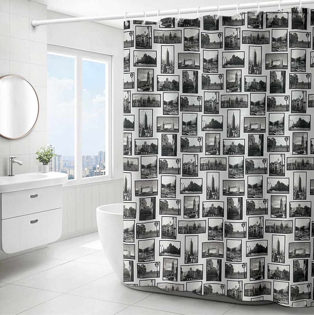 Black White City View Waterproof Polyester Bathroom Shower Curtain No Drill Hooks