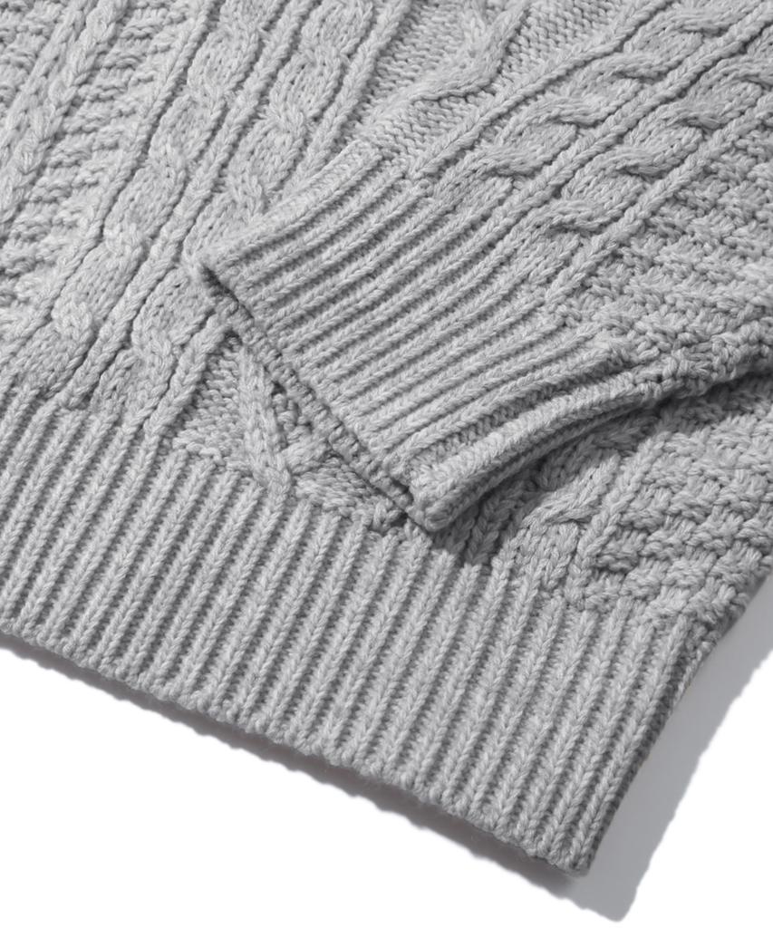 TRILLION Washable Aran Cable Hooded Zip-Up Knit (Melange Gray)