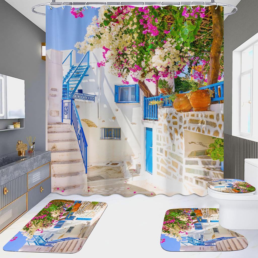 4 шт., наборы занавесок для душа в европейском стиле с архитектурой замка Мандала для ванной комнаты, нескользящие коврики для ванной комнаты, крышка для унитаза, коврик для ванной
