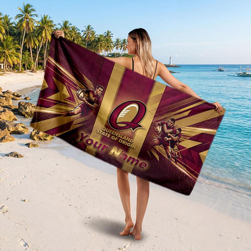 Queensland Maroons Customized Name Text Beach Towel, Soft Absorbent Towel Beach Pool Travel Personal Gift