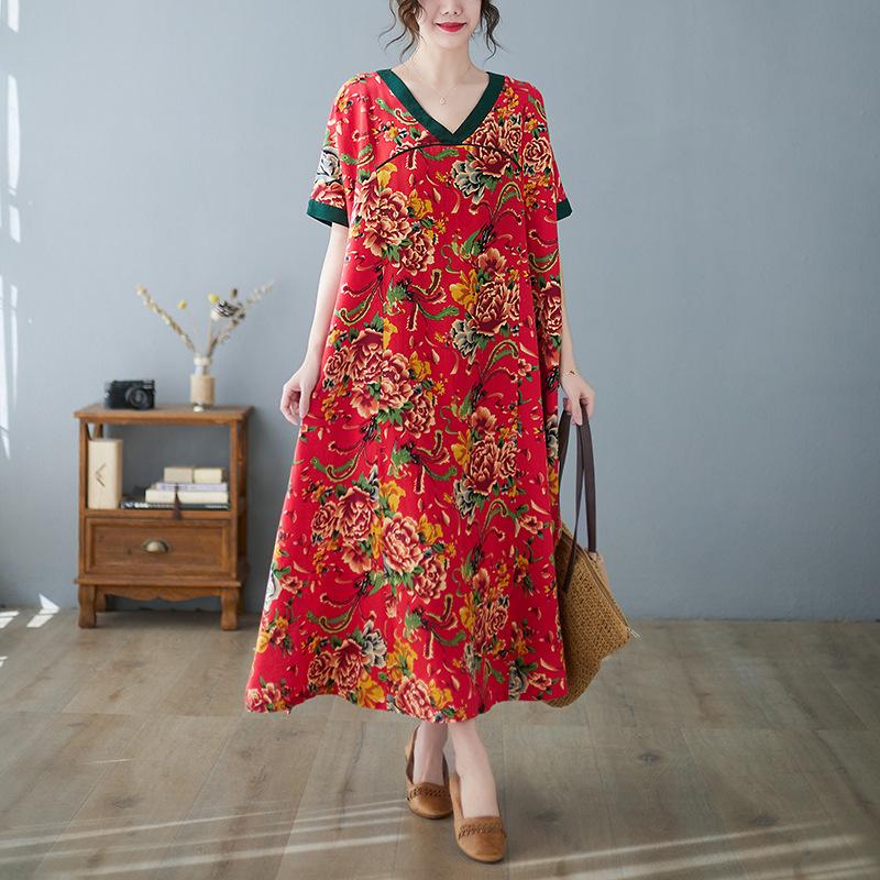 Летнее хлопковое льняное платье свободного покроя в стиле ретро с V-образным вырезом и короткими рукавами, утягивающее средней длины для женщин, платья
