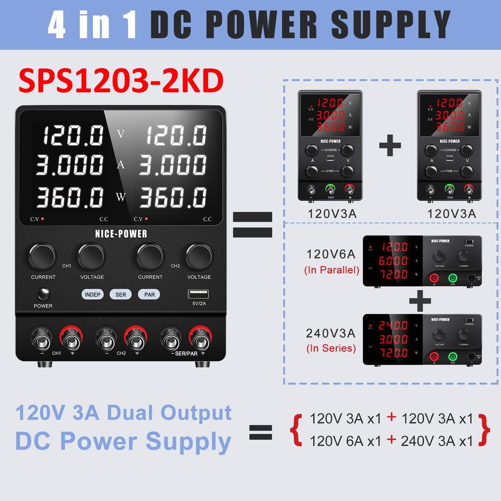 NICE-POWER SPS1203-2KD 0-120В 0-3А Три лабораторных блока питания Поддерживает независимый выход 240В последовательно 6А параллельно 5В 2А USB Вход AC220В