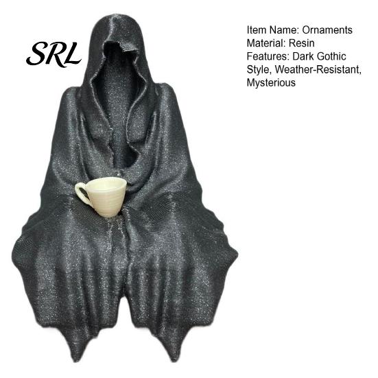 Waterproof Outdoor Garden Decor Hooded Ghost Resin Figurine, Mysterious Faceless Statue with Coffee Cup, Gothic Spooky Window Display Props for Shelf