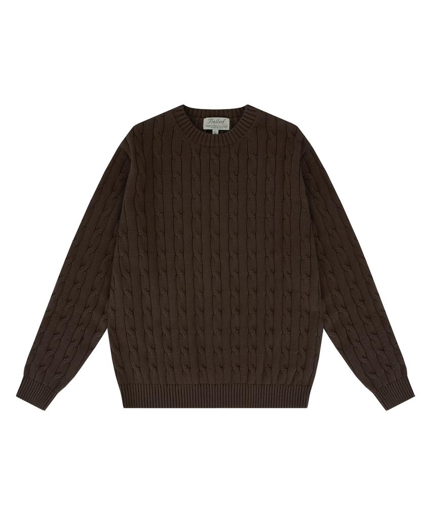 BELLIEF Cable Crewneck Sweater (Brown)