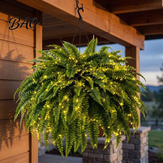 Realistic Potted Plant Fillers Pre-Lit Artificial Ferns with Warm LED Lights, UV Resistant Faux Hanging Plants for Lifelike Plastic Porch Outdoor