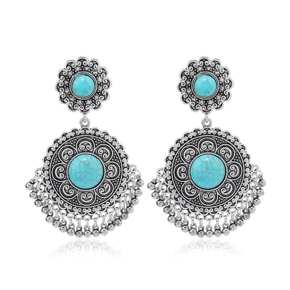 Vintage Silver Alloy Dangle Earrings With Turquoise Beads For Women Summer