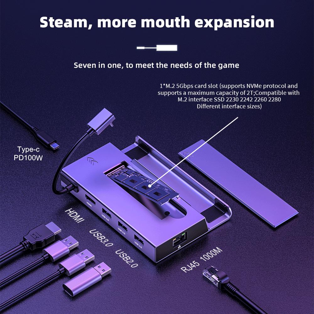 Док-станция 7 в 1 Type C для Steam Deck M.2 SSD NVMe SATA 4K@60 Гц Адаптер Type C - HDMI PD 100 Вт RJ45 1000 Мбит/с Gigabit Ethernet USB3.0 Hub