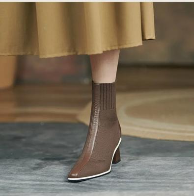 Мода 2024 Весна и Осень Новые Модные Шерстяные Носки и Сапоги Женские Квадратные Головки Толстый Каблук Тонкие Удобные Голые Сапоги Женские