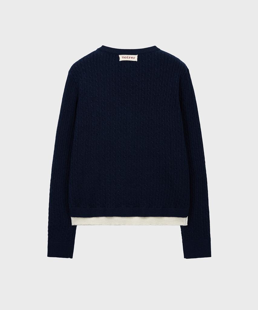NOIRER FOR WOMAN Layered Henley Neck Signature Cable Knit (Navy)