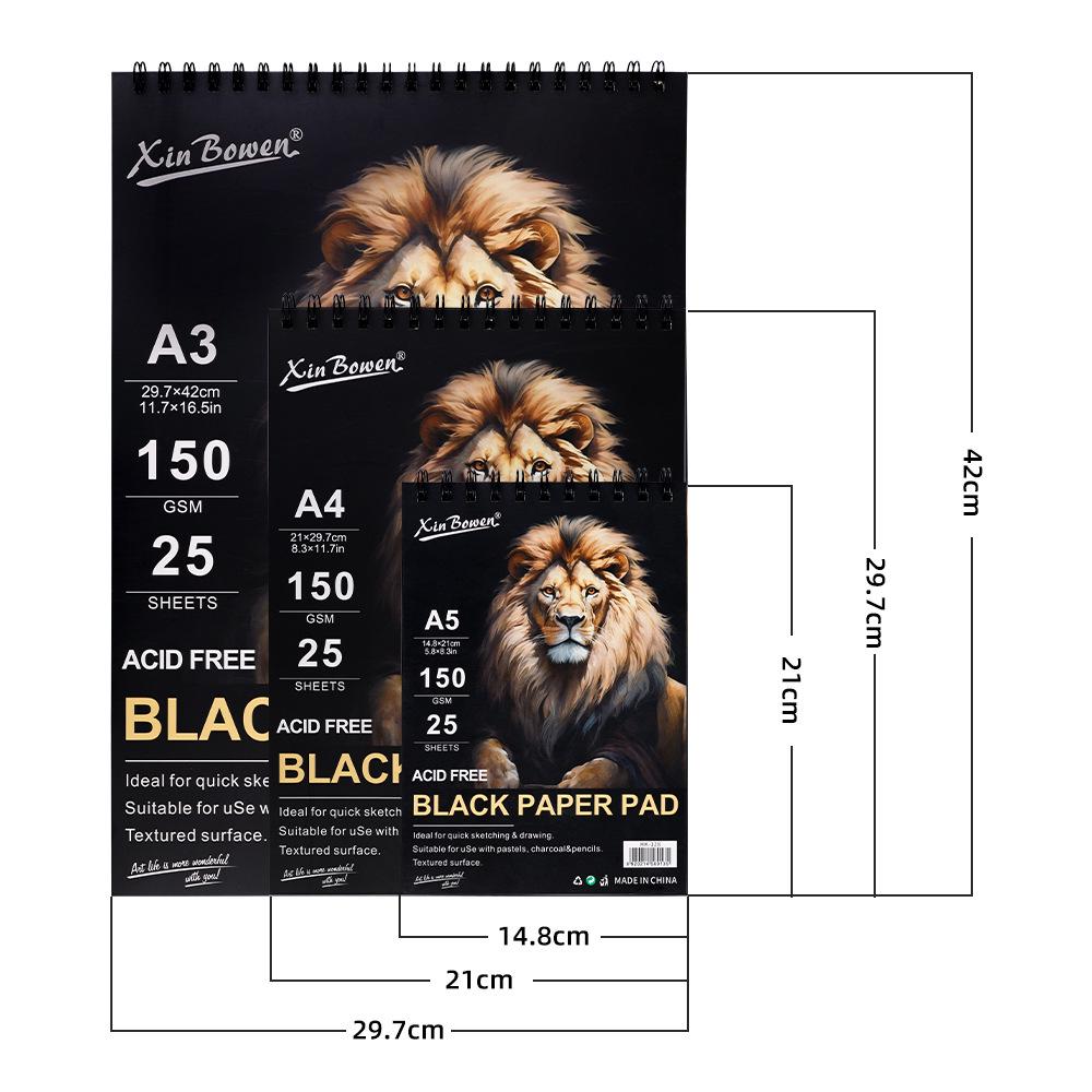 Double-Sided Black Paper Art Book, Perfect Bound, 25 Pages, 150g Black Cardboard, Ideal for Oil Pastels, Graffiti, Drawing, and Hand-Painting.