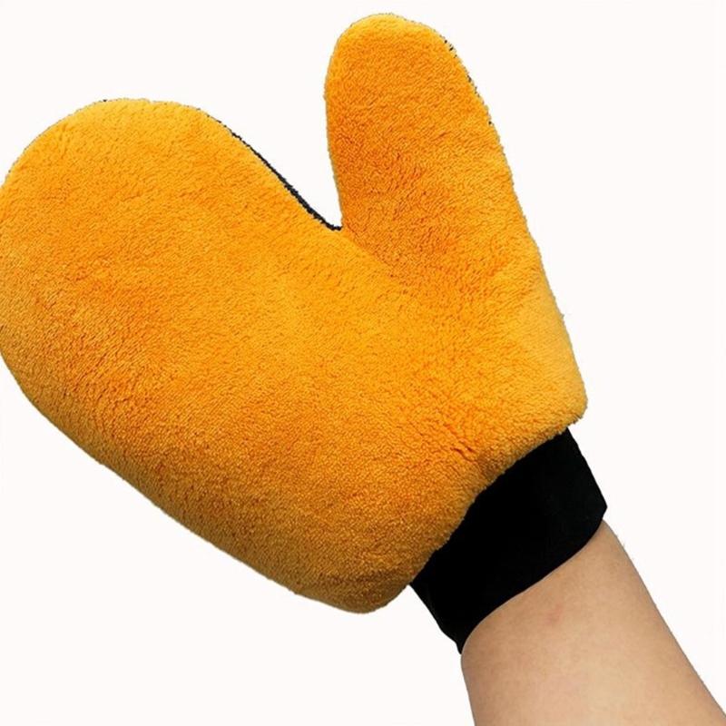 Two-Sided Corals Fleece Car Wash Gloves, Pair of Hand Cleaning Mitts with Orange and Gray Sides for Vehicle Washing and Kitchen Counter Wiping