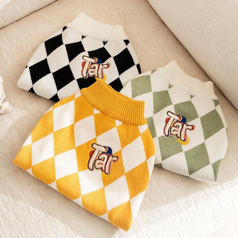 Осенне-зимний свитер в клетку для собак Корги Средний и маленький Теплый вязаный свитер Такса Одежда для питомцев