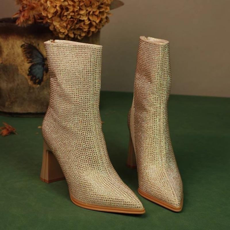 Женские ботильоны на высоком каблуке с кристаллами, роскошные туфли с острым носком, новинка зимнего тренда, элегантные туфли для вечеринок, модные туфли Chelsea Botas Mujer