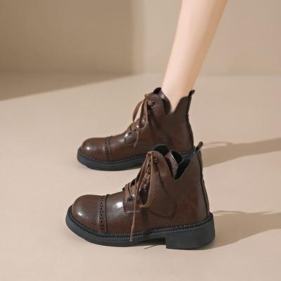 Весенне-осенние ботильоны на шнуровке с круглым носком для женщин, элегантные, на низком каблуке, кожаные ботильоны, дизайнерская роскошная женская короткая обувь