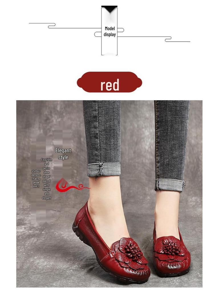 Women's Genuine Leather Non-slip Flat Shoes - Comfortable Round Toe for Middle-aged & Elderly