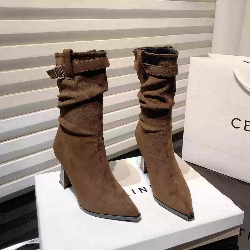 fashion Vintage Women Mid Calf Boots Fashion Pointed Toe Modern Booties Autumn Winter Thick Heel Ladies Shoes Botas Mujer