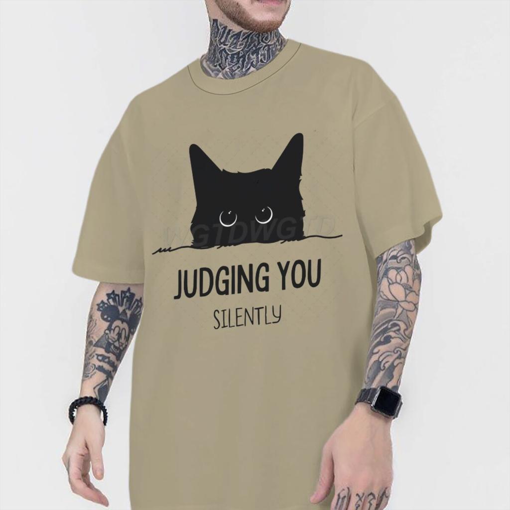 Judging You Silently Print T Shirt Men Women Sarcastic Humor Streetwear Short Sleeve Harajuku Cat Tee Male 100 Cotton Fun Shirt