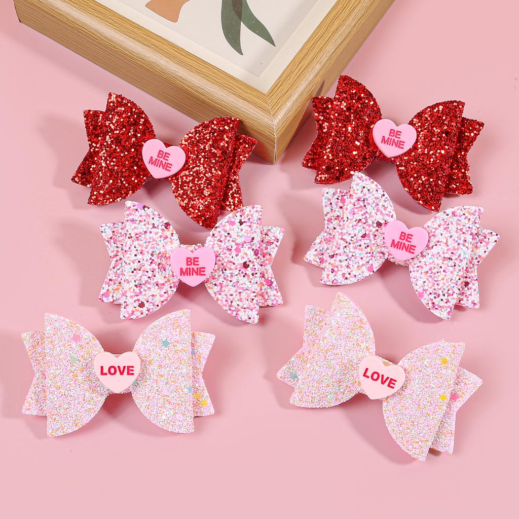 6pcs Glitter Heart Hair Bows for Girls Valentine's Day Letter Bows Heart Hair Clips Barrettes for Kids Party Hair Accessories