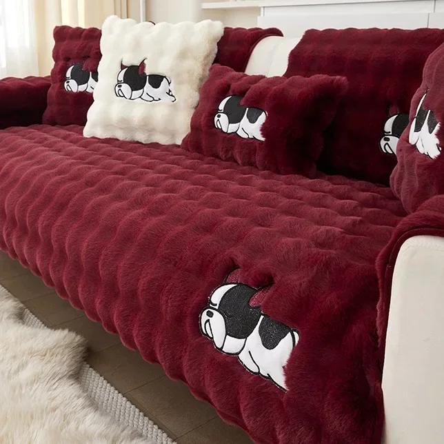 Plush Rabbit Sofa Cover Cloth Towel Winter Thickened Solid Color Sofa Cushion Autumn Winter Anti-Slip Couch Cover Seat Cushion Pad