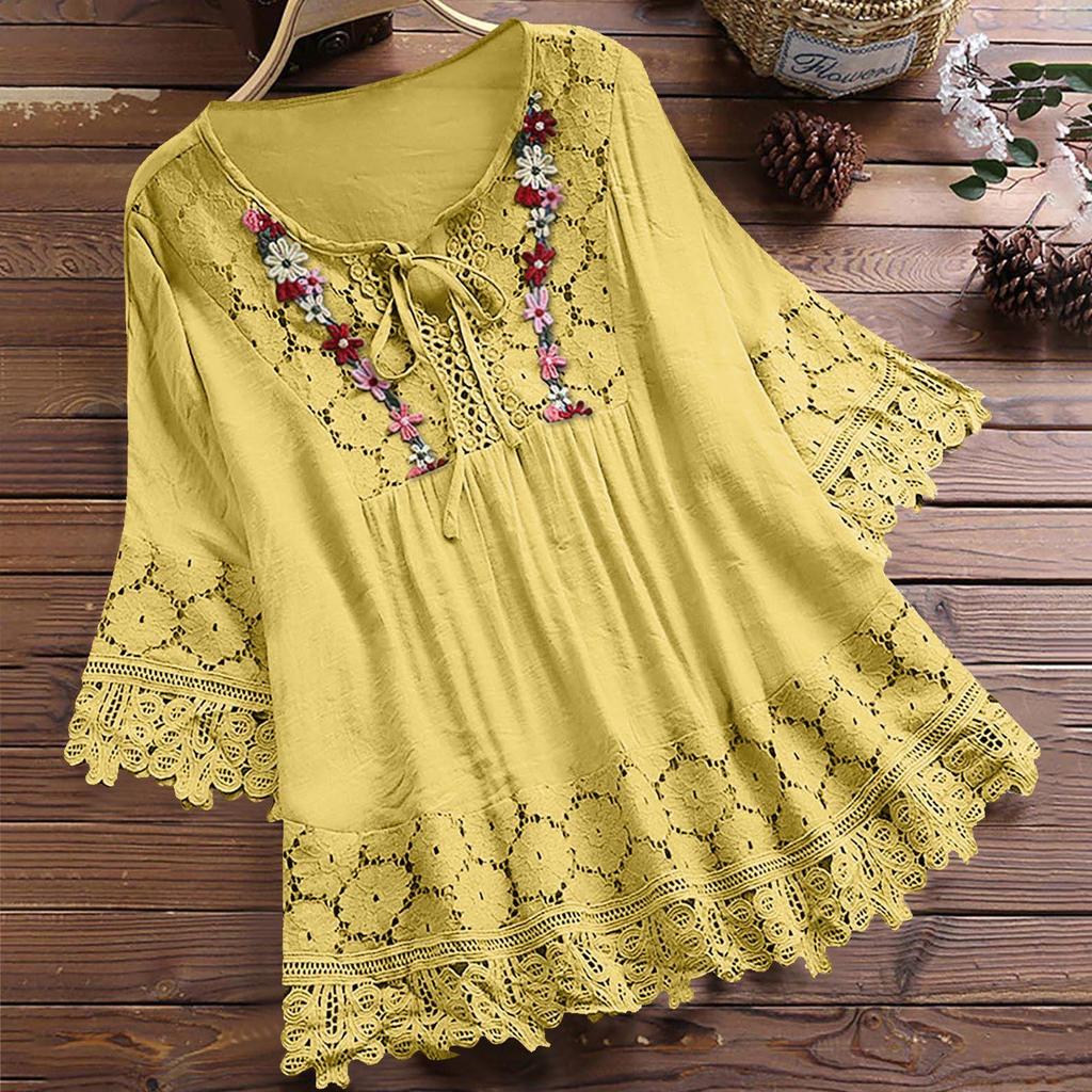 Women Lace Embroidery Flower Loose Plus Size Half Sleeve Shirt