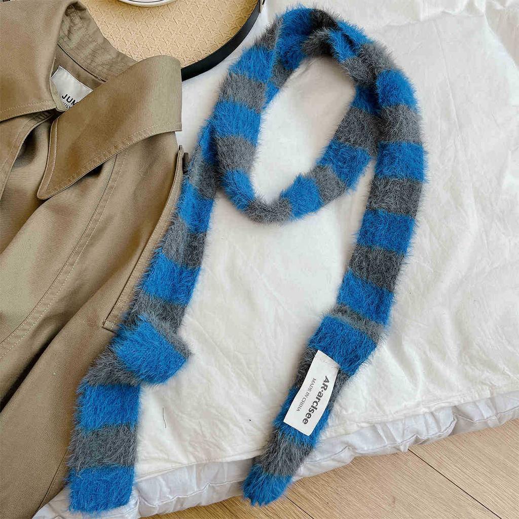 Slender And Long Y2K Striped Plush Scarf Female Niche Design Sense Hot Girl Decorated Scarf