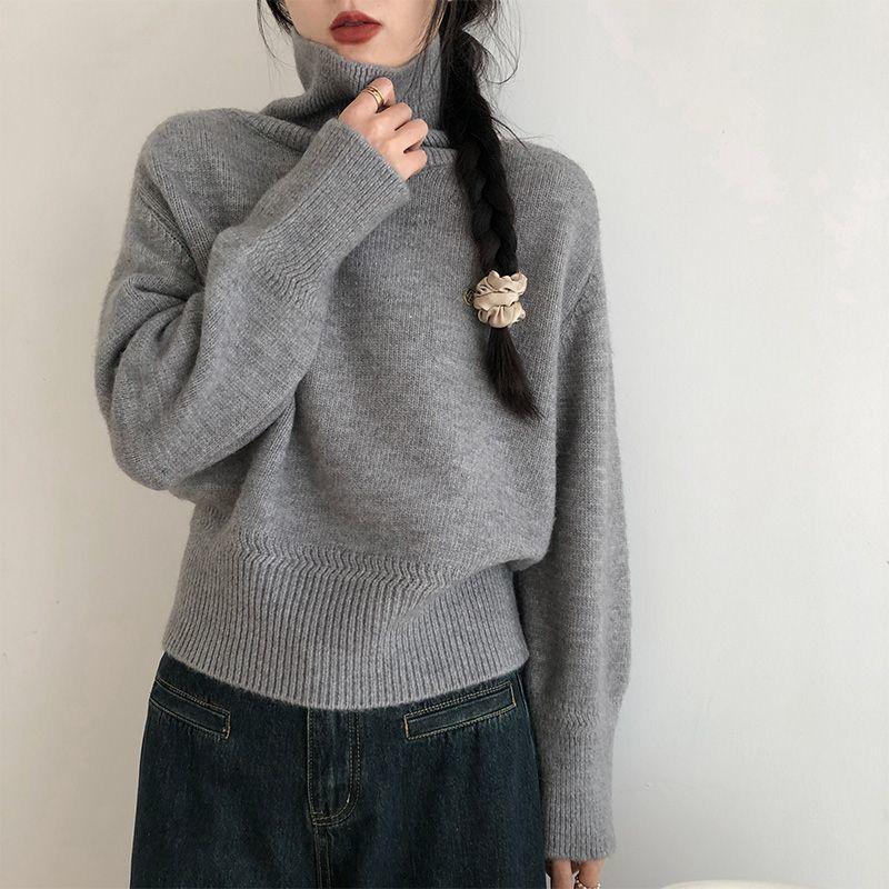 Autumn and Winter Korean Casual Solid Color High Collar Sweater Warm Knitted Sweater Top Women's Clothing