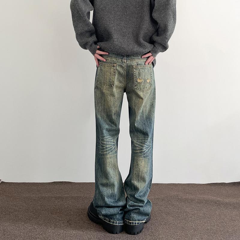 Мужская новая уличная одежда Y2k, рваные винтажные джинсы, потертые повседневные модные уличные брюки, осенне-зимние расклешенные джинсовые брюки для мужчин