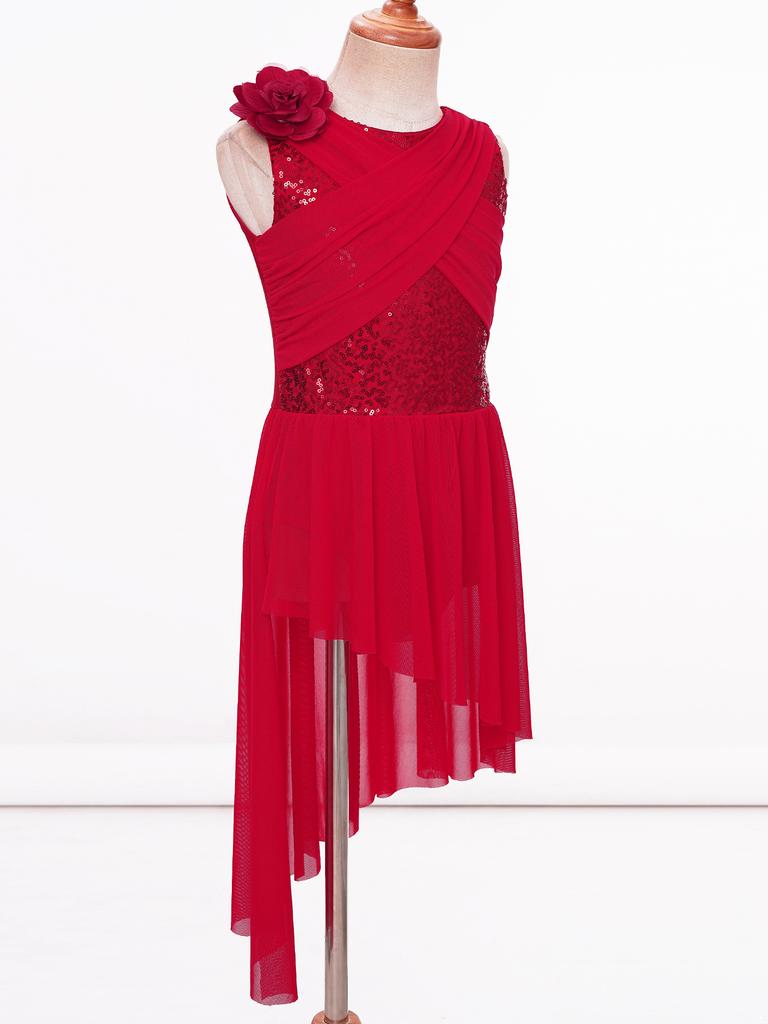 Платье для лирического танца для девочек, блестящие пайетки, прозрачная сетчатая накладка, перекрещенная спина