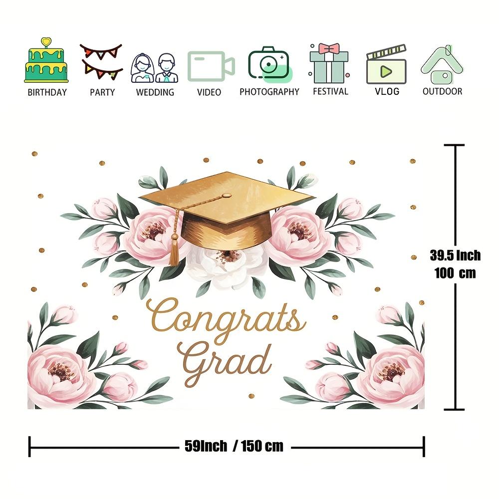 1 piece of polyester graduation flower background fabric, with pink flowers and green leaves - "Congratulations on Graduation"