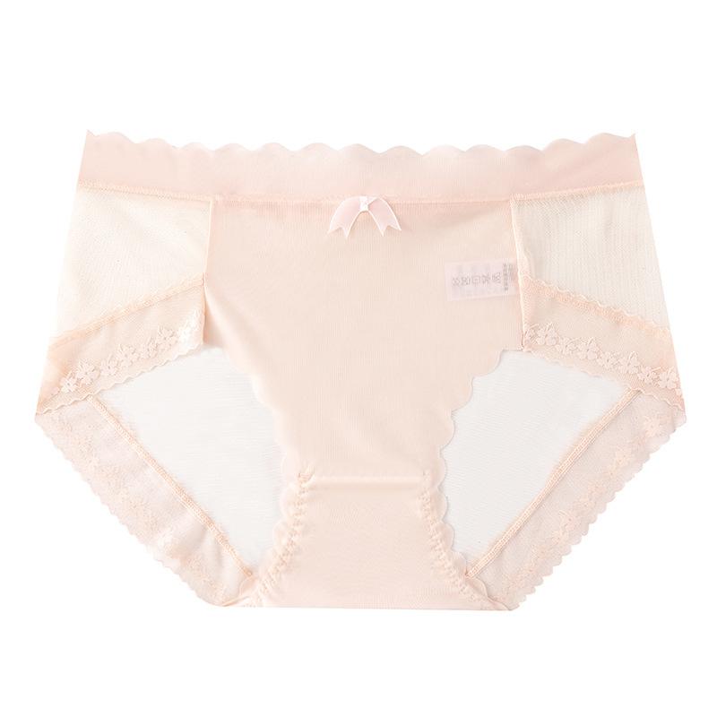 Нижнее белье со средней талией, сексуальные кружевные антибактериальные трусы из ледяного шелка, женские треугольные трусики