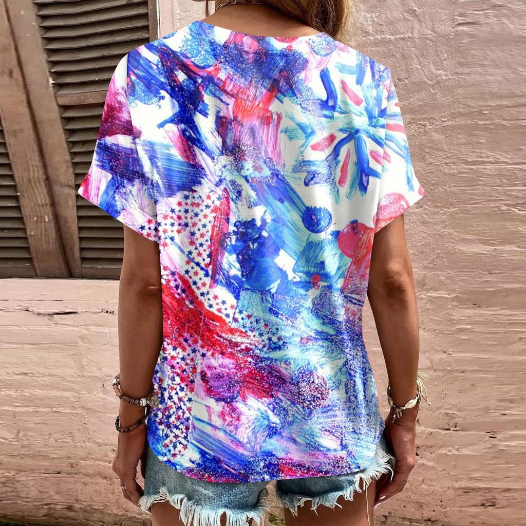 Fashion Womens Loose Summer Plain V Neck Button Button Short Sleeve Casual Tops