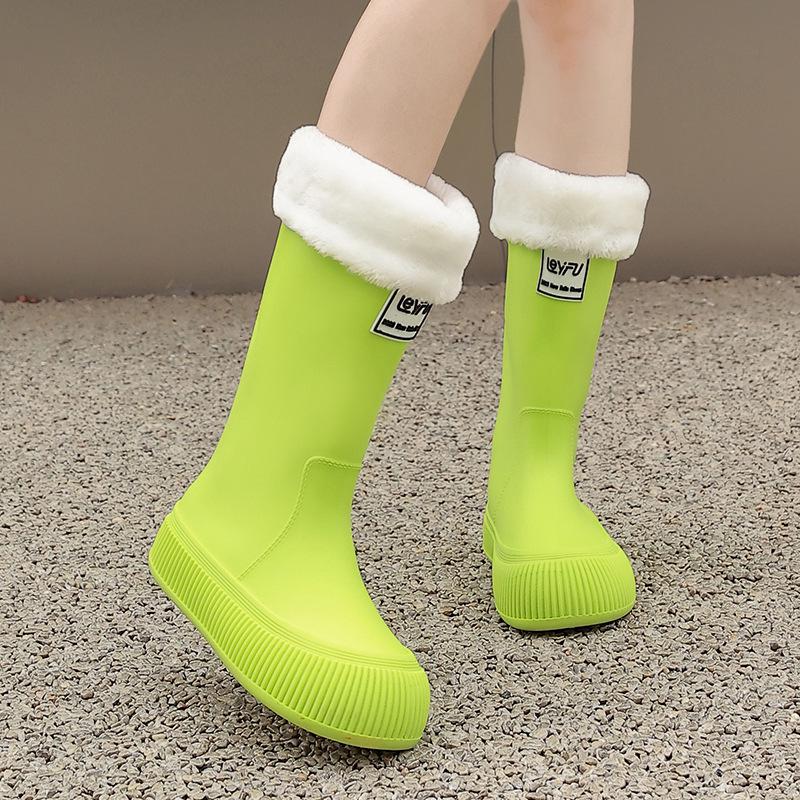 Женские высокие резиновые сапоги в японском стиле с флисовой подкладкой, водонепроницаемые - Нескользящие, легкие и износостойкие.