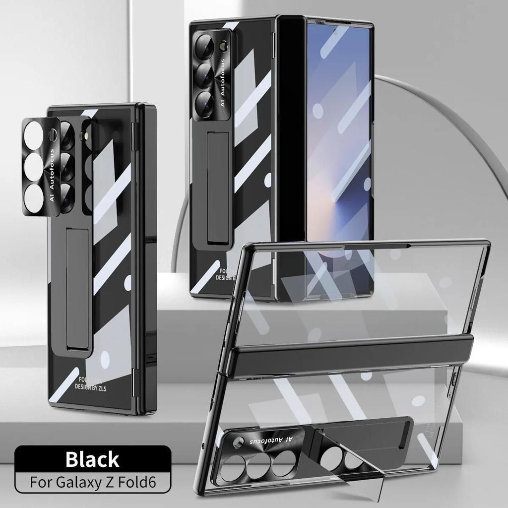 For Samsung Galaxy Z Fold6 7 Phone Case Spring Hinge Pen Slot Holder With Pen Electroplating Transparent Shell Film ZFold6 Cover