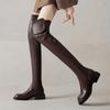 FOREADA Women Thigh High Long Boots Round Toe Chunky Mid Heels Gogo Boots Concise Ladies Fashion Shoes Winter Black Brown 43