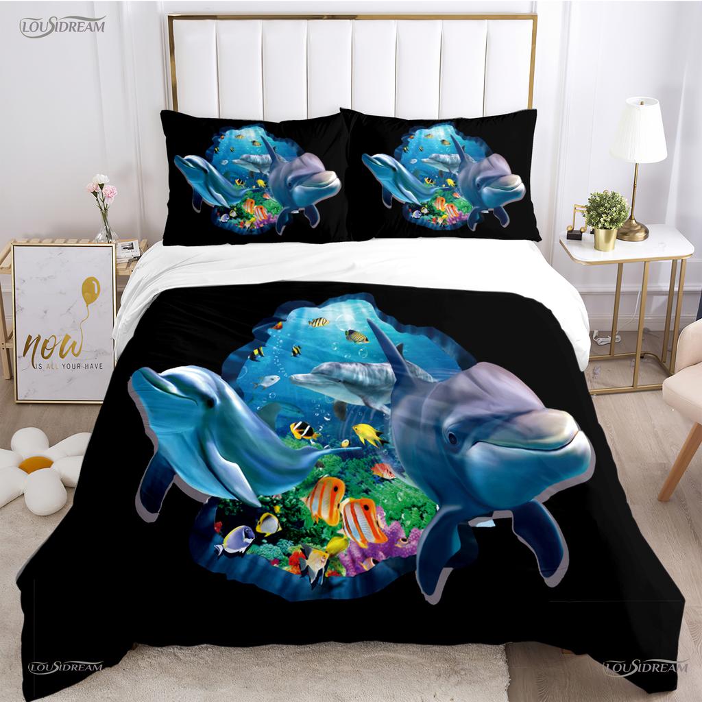 3D Ocean World Dolphin Whale Fish Duvet Cover Comforter Beding Set Soft Quilt Cover and Pillowcase for Single/Double/Queen/King