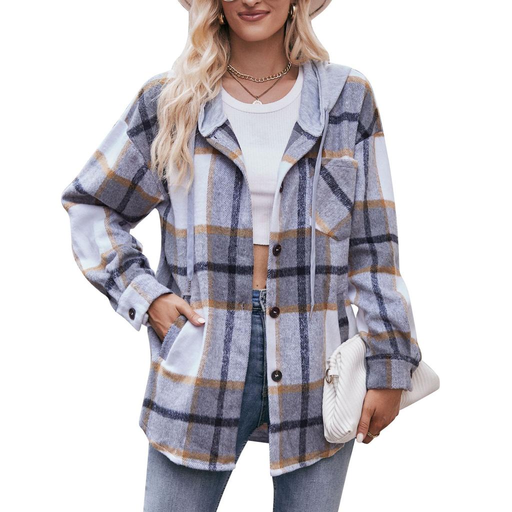 2024 New Autumn and Winter Fashion Simple Casual Hooded Plaid Shirt Loose and Comfortable Commuting Medium Length Women's Coat